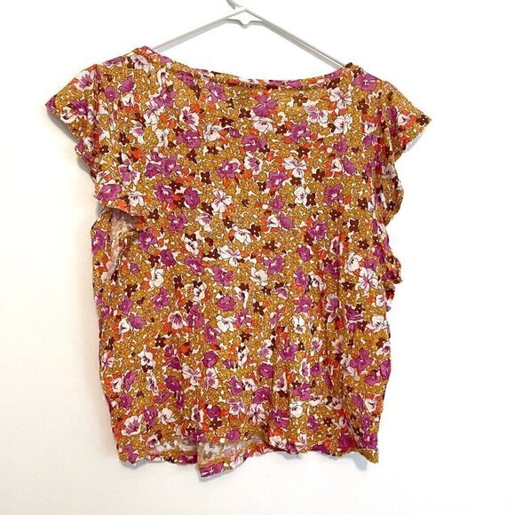 ANN TAYLOR Floral Linen Flutter Sleeve Tee White Mustard Pink Short Sleeve Top S - Picture 10 of 12